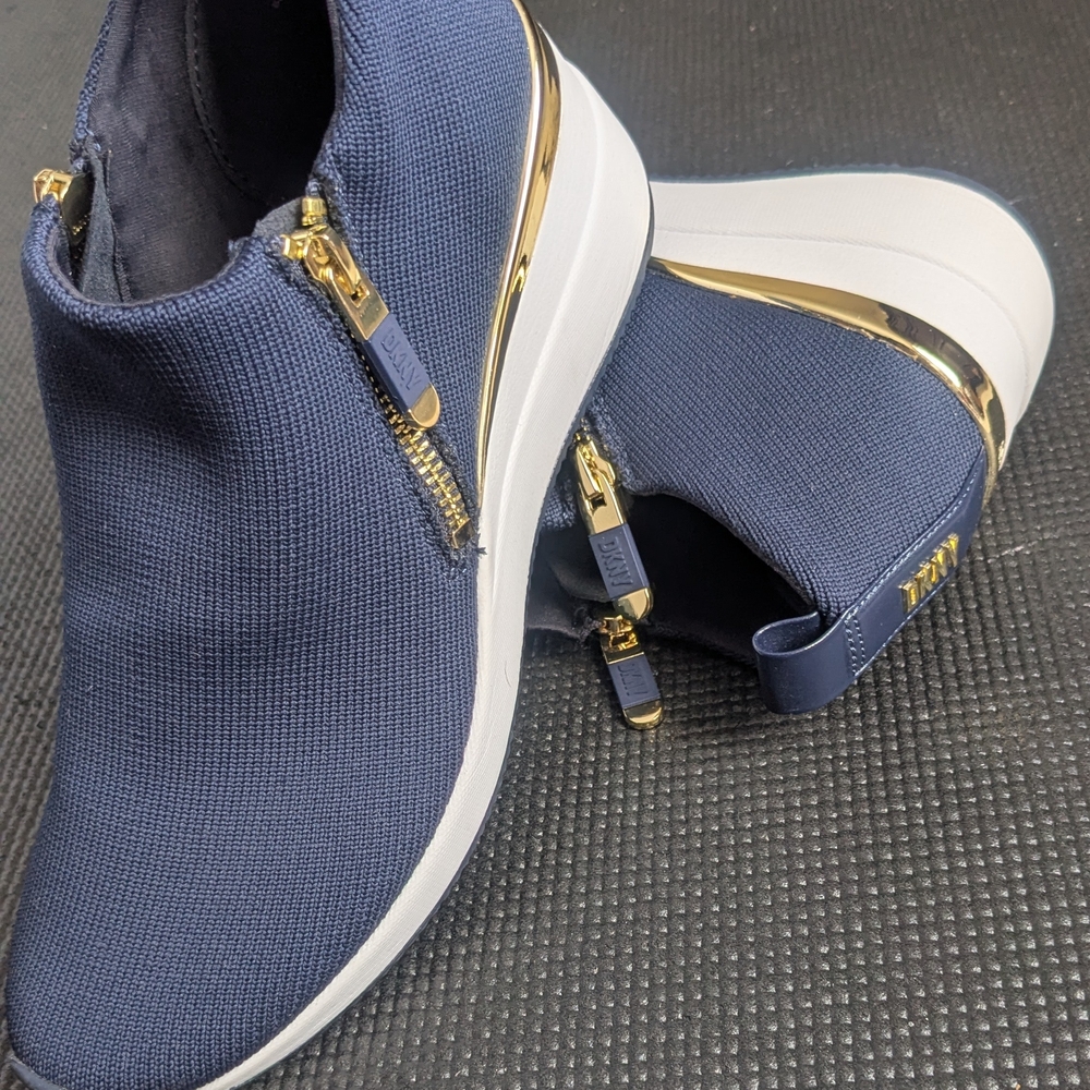 DKNY Navy Slip-On Sneakers with Gold Trim
